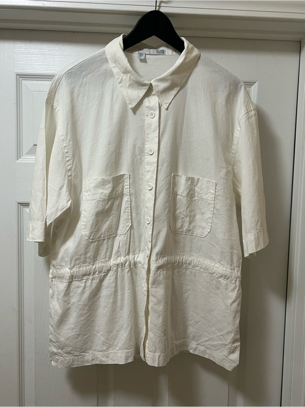 Eileen Fisher Cream Short Sleeve Button-Down Shirt